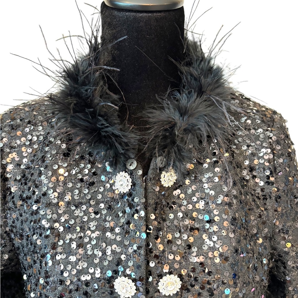 Black Sequin Faux Fur Long Jacket - Picture 4 of 10